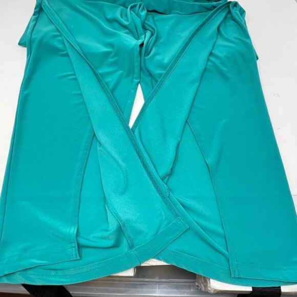 Sympli Teal High Rise Pull On Knit Scalloped Cross Over Wide Leg Pants Size 12 - Picture 9 of 13